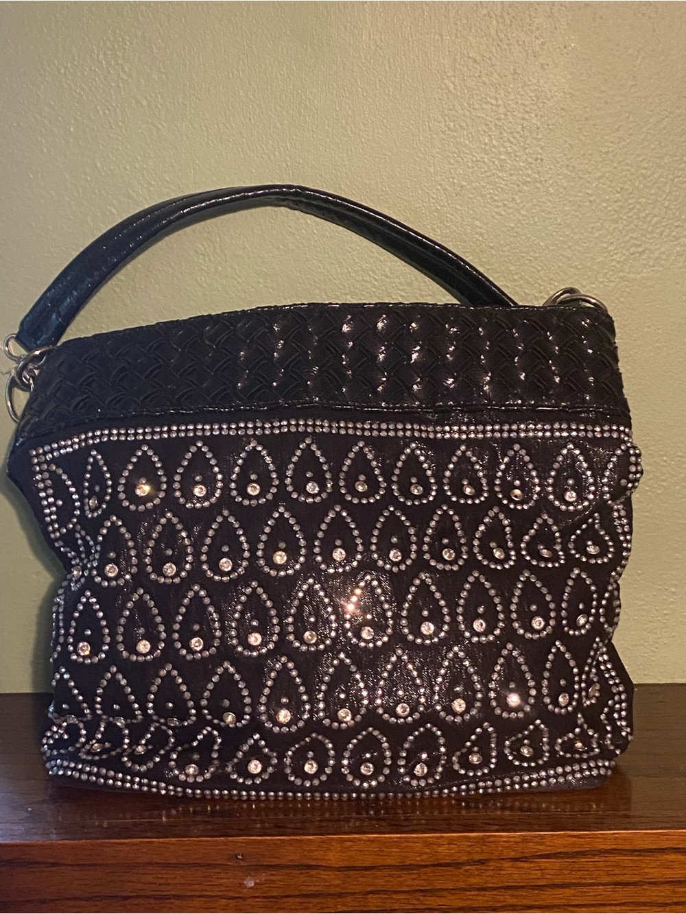 Black Embellished Tote Bag with Crystal Teardrop Accents